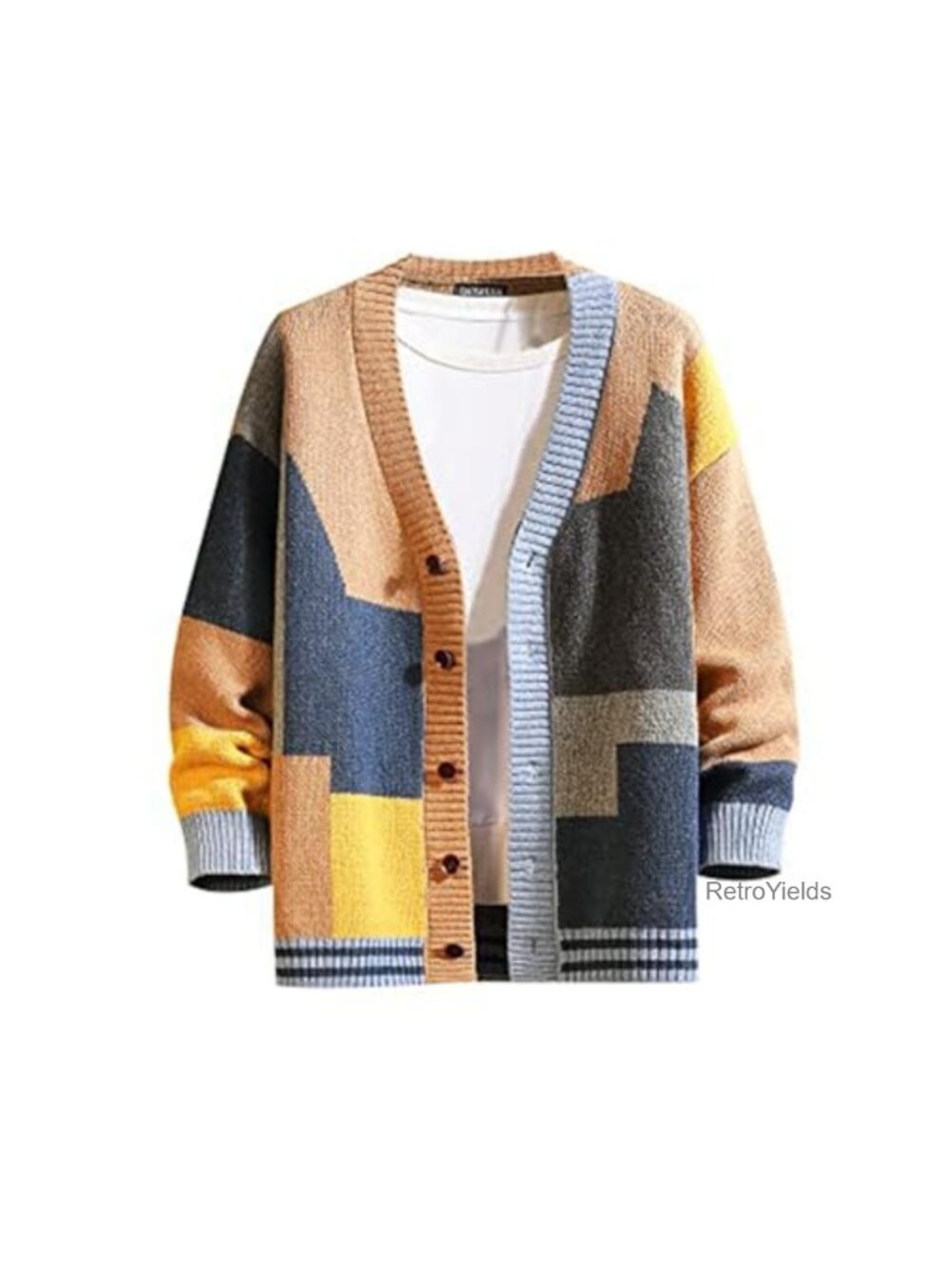 Mens Colorblock Cardigan Sweater Thick Knit Button Front Vintage V-Neck